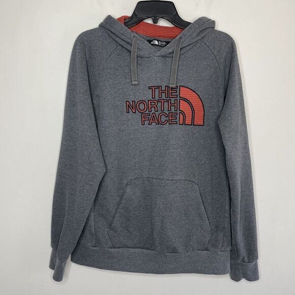 NORTH FACE Hoodie Mens Medium Gray Red Stripe Logo Pullover Sweatshirt Fleece - Picture 1 of 10
